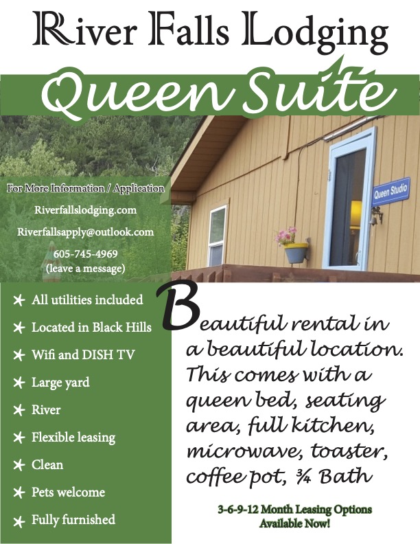 Queen Suite, Monthly Rental, All Utilties Included, Located in Black Hills, Wifi and DISH TV, Large Yard, River, Flexible Leasing, Clean, Pets Welcome, Fully furnished